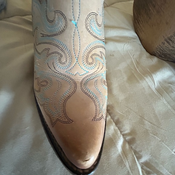 Tan Western Cowboy Boots with Blue Stitching - Picture 2 of 4